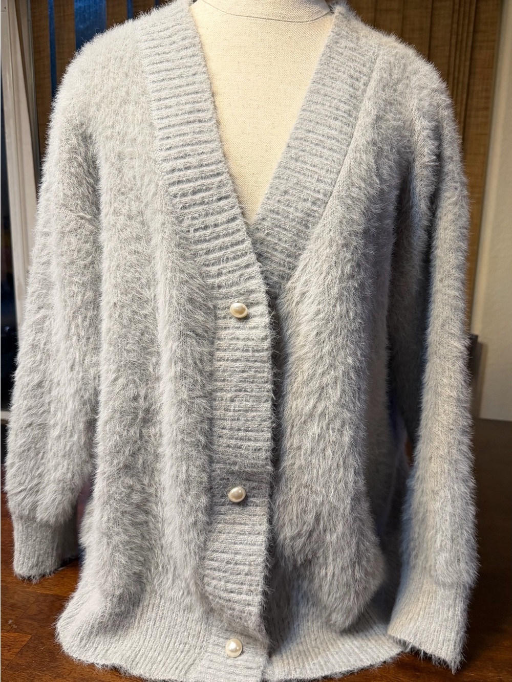 Cozy Fuzzy V-Neck Cardigan Sweater in Light Gray
